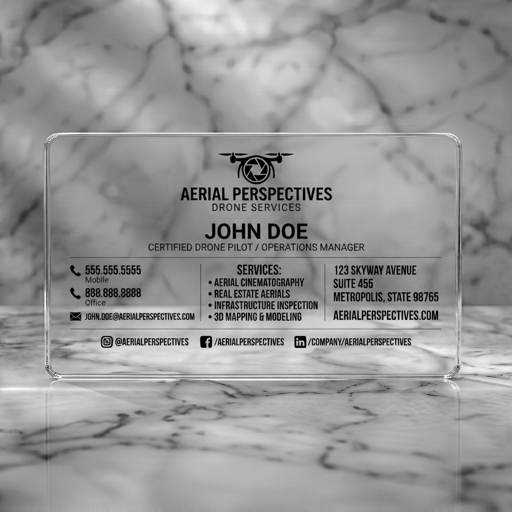 Clear plastic business card featuring a sleek drone logo with aperture detail, crisp black sans-serif text, and functional social media icons