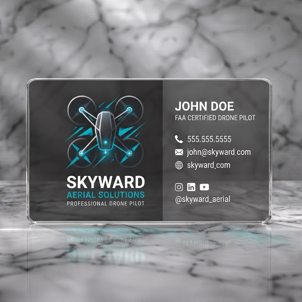 Clear plastic business card featuring modern blue/white drone logo, clean sans-serif typography on dark grey, with minimalist contact icons