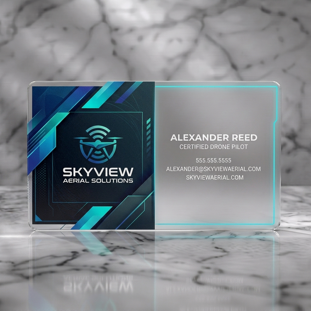 Frosted translucent plastic business card featuring sleek, tech-focused design with drone icon, blue geometric accents, and crisp white sans-serif text