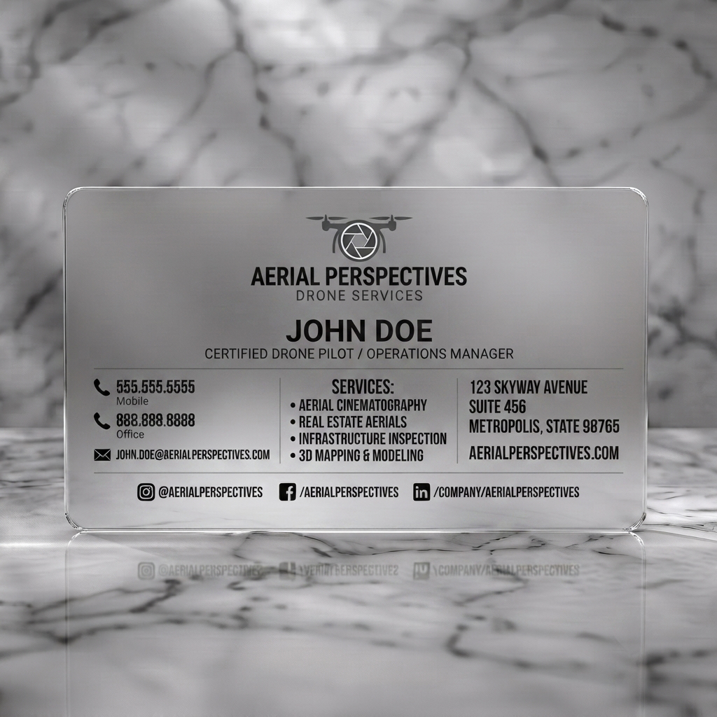 Frosted translucent plastic business card featuring a sleek drone logo with aperture detail, crisp black sans-serif text, and functional social media icons