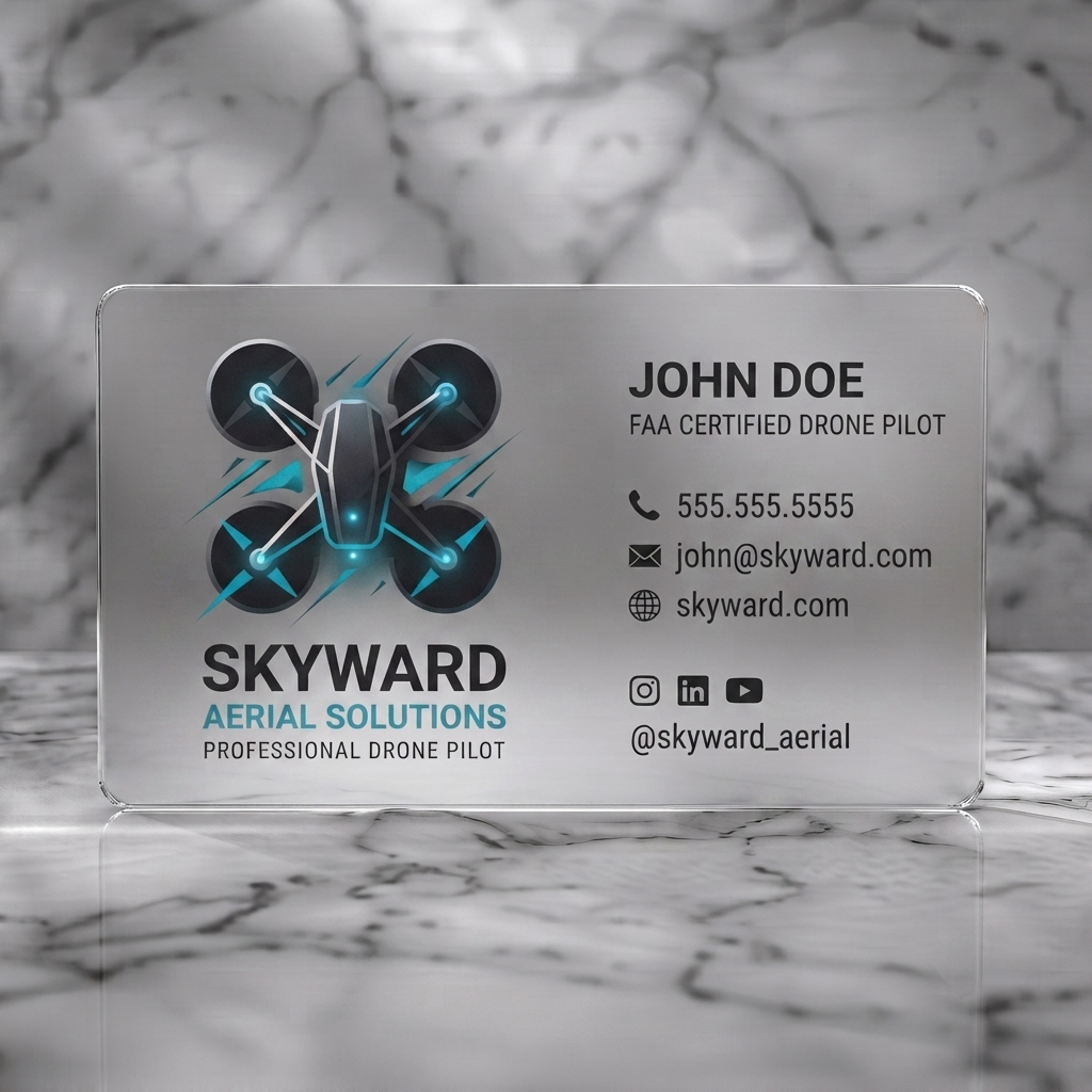 Frosted translucent plastic business card featuring modern blue/white drone logo, clean sans-serif typography on dark grey, with minimalist contact icons
