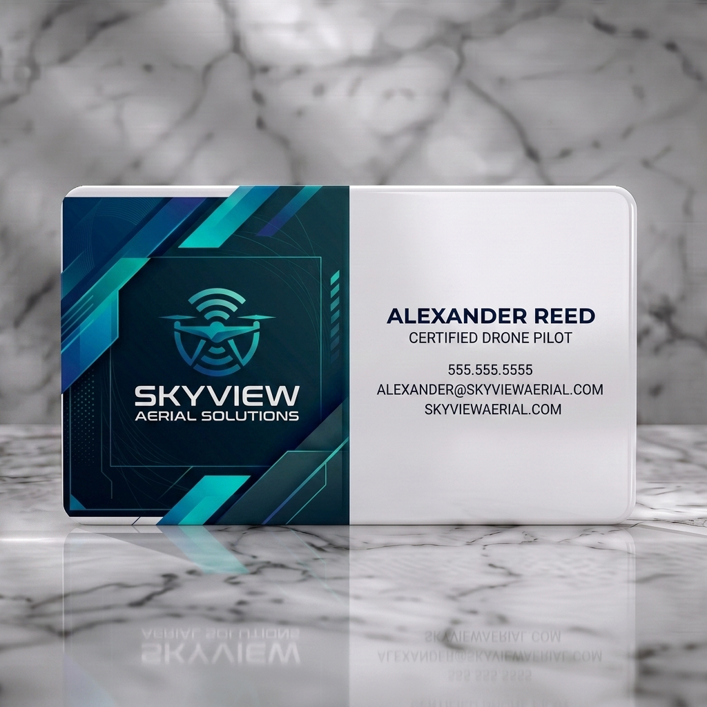 Solid white PVC business card featuring sleek, tech-focused design with drone icon, blue geometric accents, and crisp white sans-serif text