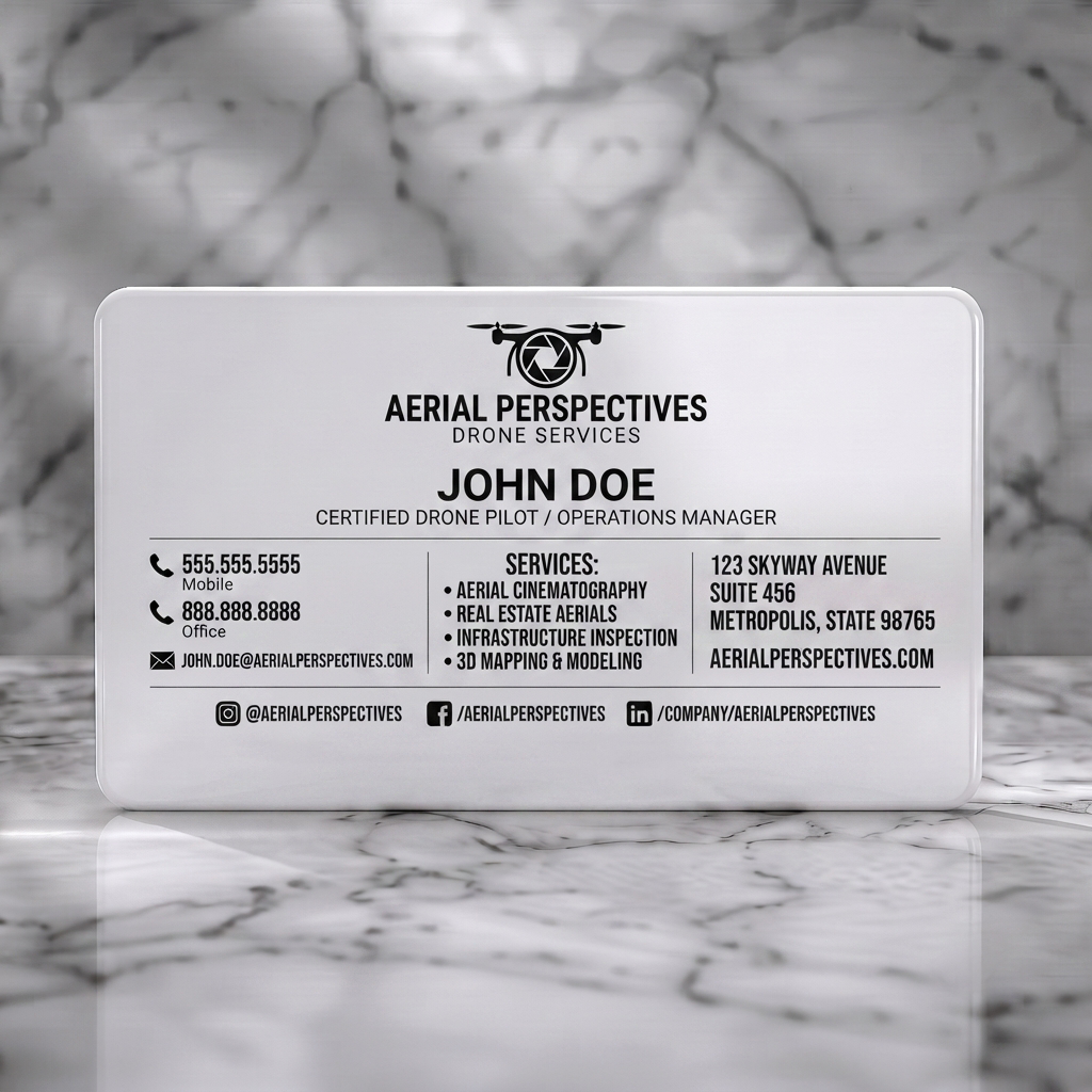 Solid white PVC business card featuring a sleek drone logo with aperture detail, crisp black sans-serif text, and functional social media icons