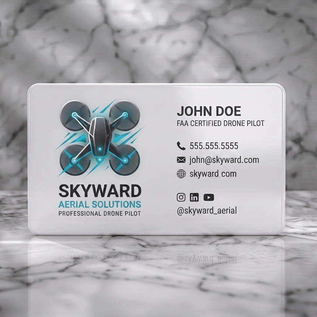 Solid white PVC business card featuring modern blue/white drone logo, clean sans-serif typography on dark grey, with minimalist contact icons