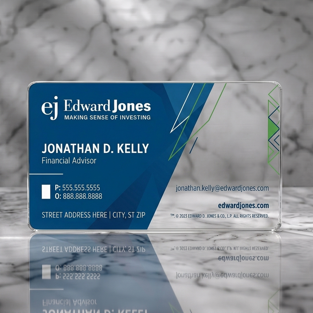 Clear plastic business card featuring modern deep blue and white design with green geometric accents, sans-serif typography, and brand logo