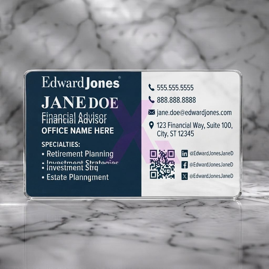 Clear plastic business card featuring a professional dual-tone layout in navy blue and white with serif and sans-serif fonts, plus contact and social icons