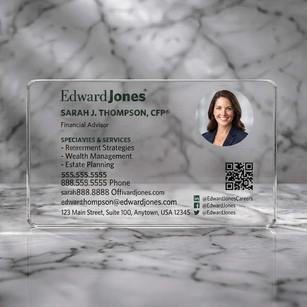 Clear plastic business card featuring corporate design, Edward Jones green, sans-serifs, professional photo, QR, social media icons