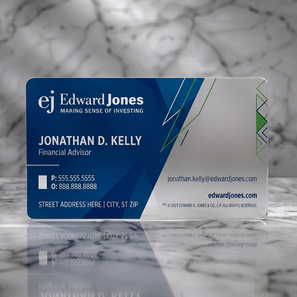 Frosted translucent plastic business card featuring modern deep blue and white design with green geometric accents, sans-serif typography, and brand logo