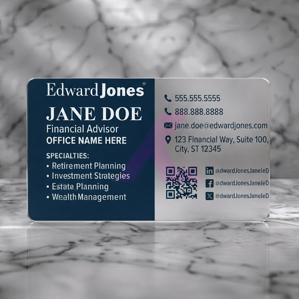 Frosted translucent plastic business card featuring a professional dual-tone layout in navy blue and white with serif and sans-serif fonts, plus contact and social icons