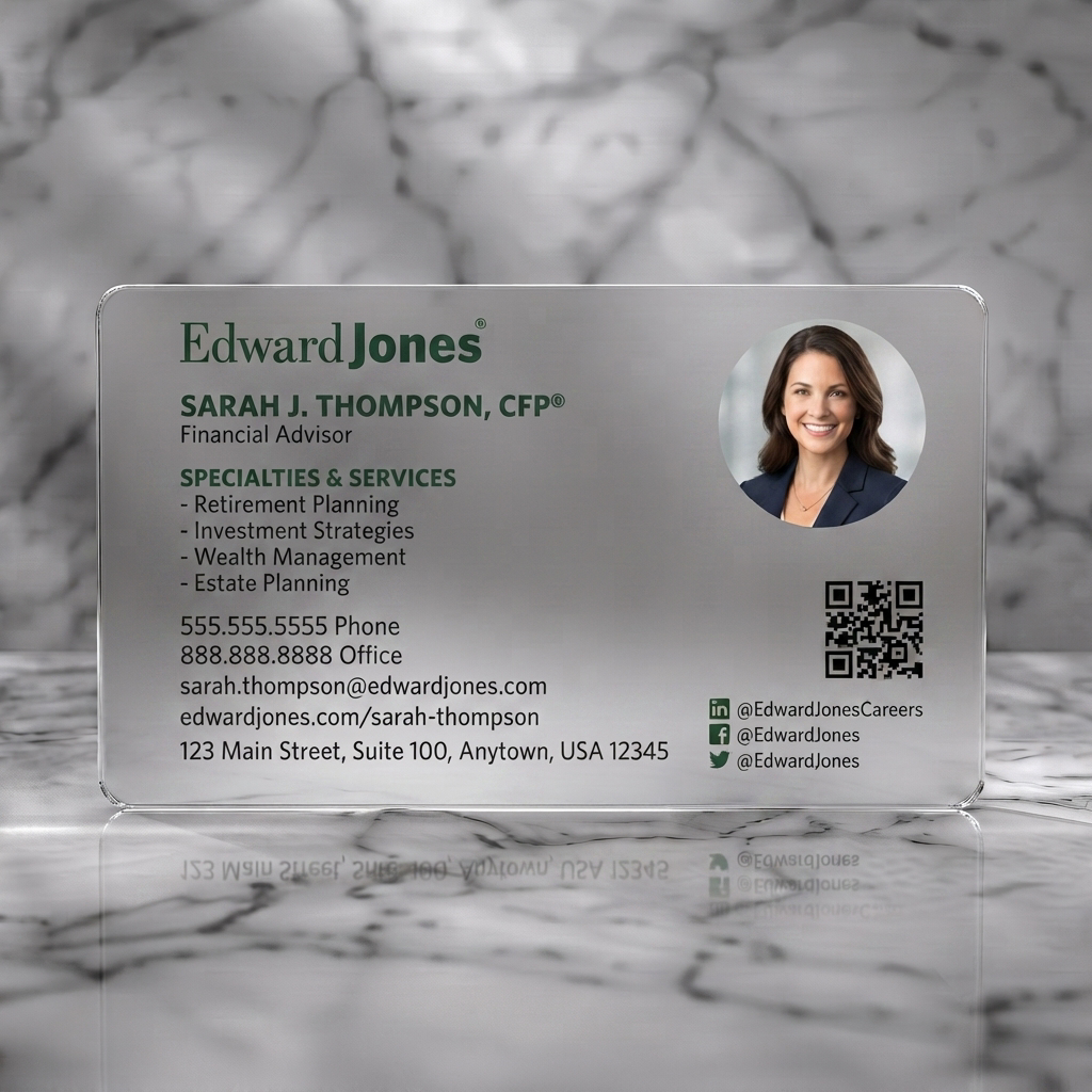 Frosted translucent plastic business card featuring corporate design, Edward Jones green, sans-serifs, professional photo, QR, social media icons