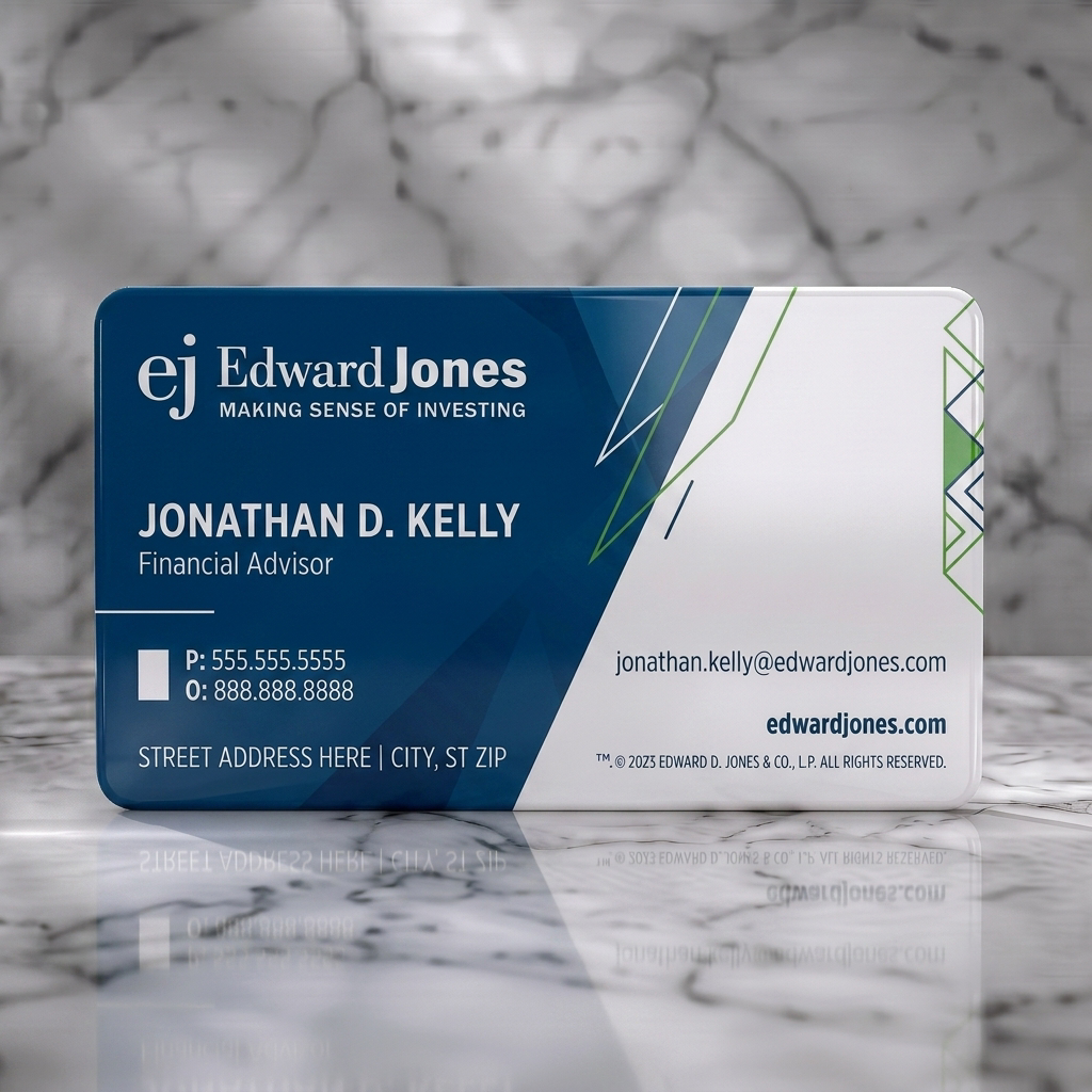 Solid white PVC business card featuring modern deep blue and white design with green geometric accents, sans-serif typography, and brand logo