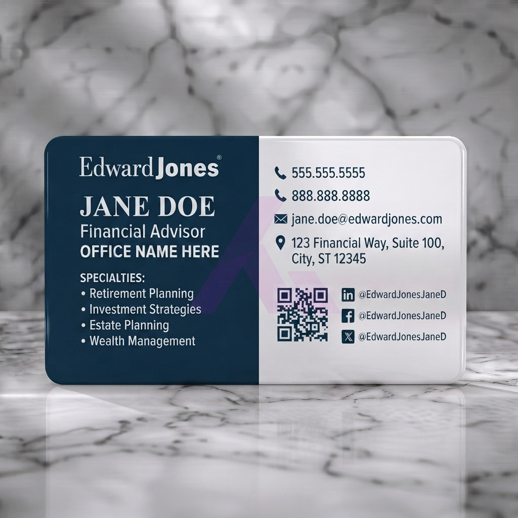 Solid white PVC business card featuring a professional dual-tone layout in navy blue and white with serif and sans-serif fonts, plus contact and social icons