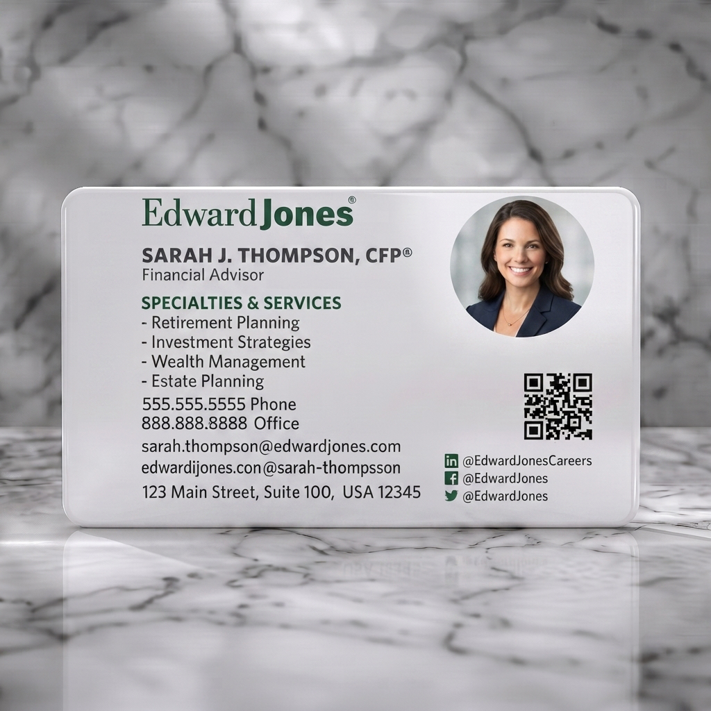 Solid white PVC business card featuring corporate design, Edward Jones green, sans-serifs, professional photo, QR, social media icons