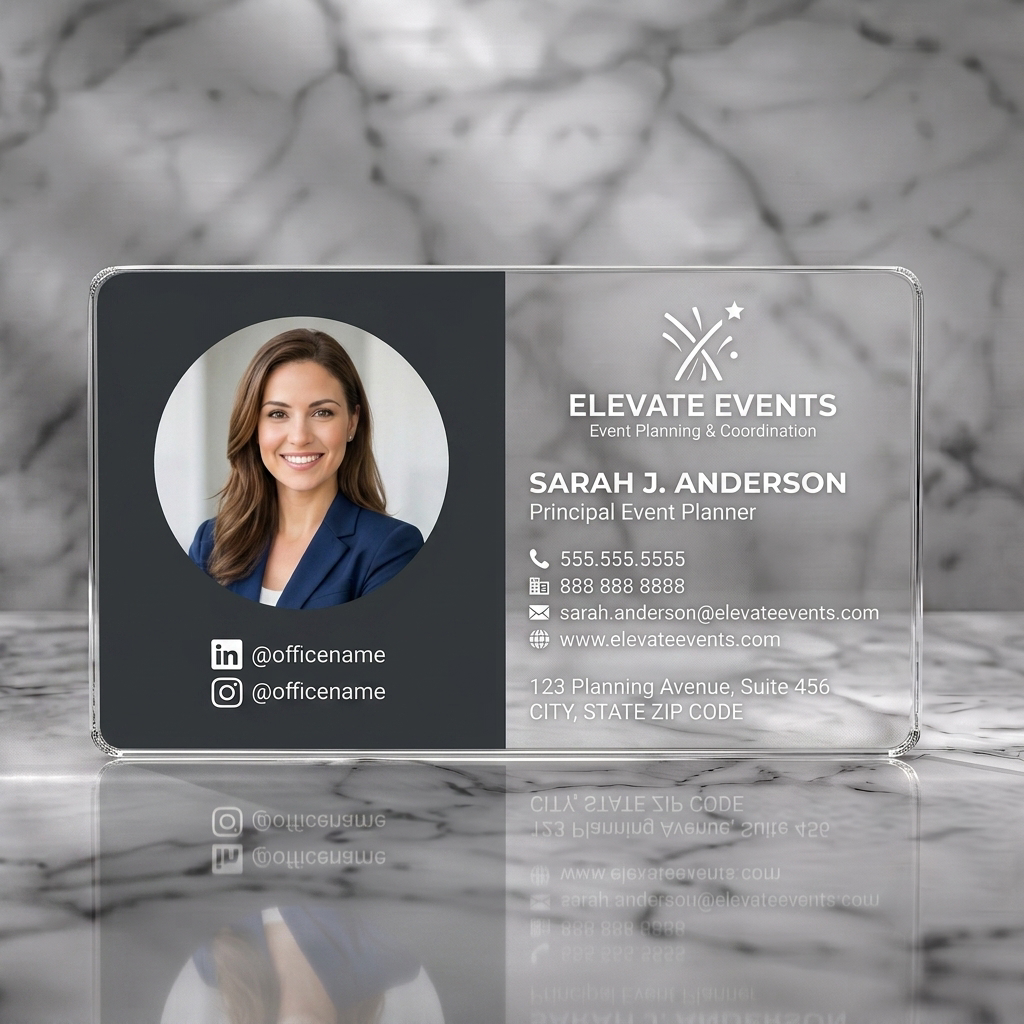 Clear plastic business card featuring a modern, two-tone layout contrasting dark gray with a vibrant hue, crisp sans-serif fonts, and celebratory event icons