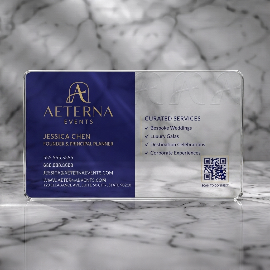 Clear plastic business card featuring an elegant navy and white layout with gold accents, mixed typography, stylized 'A' logo, and QR code