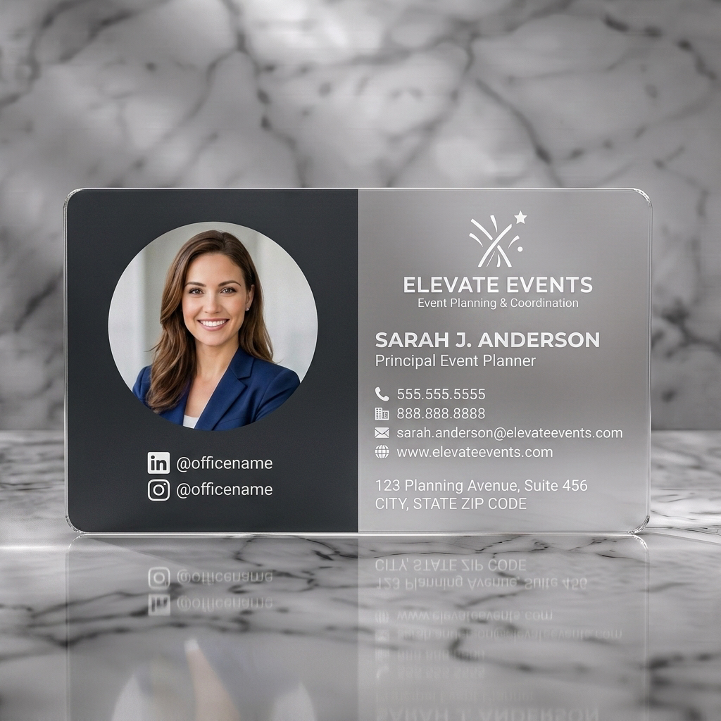 Frosted translucent plastic business card featuring a modern, two-tone layout contrasting dark gray with a vibrant hue, crisp sans-serif fonts, and celebratory event icons