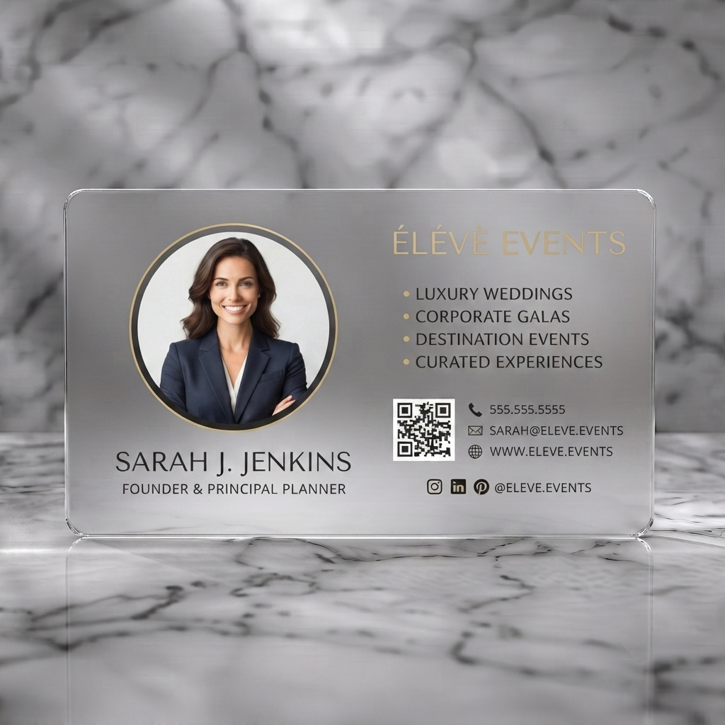 Frosted translucent plastic business card featuring sophisticated dark card with gold accents, sans-serif fonts, contact icons, and a prominent headshot