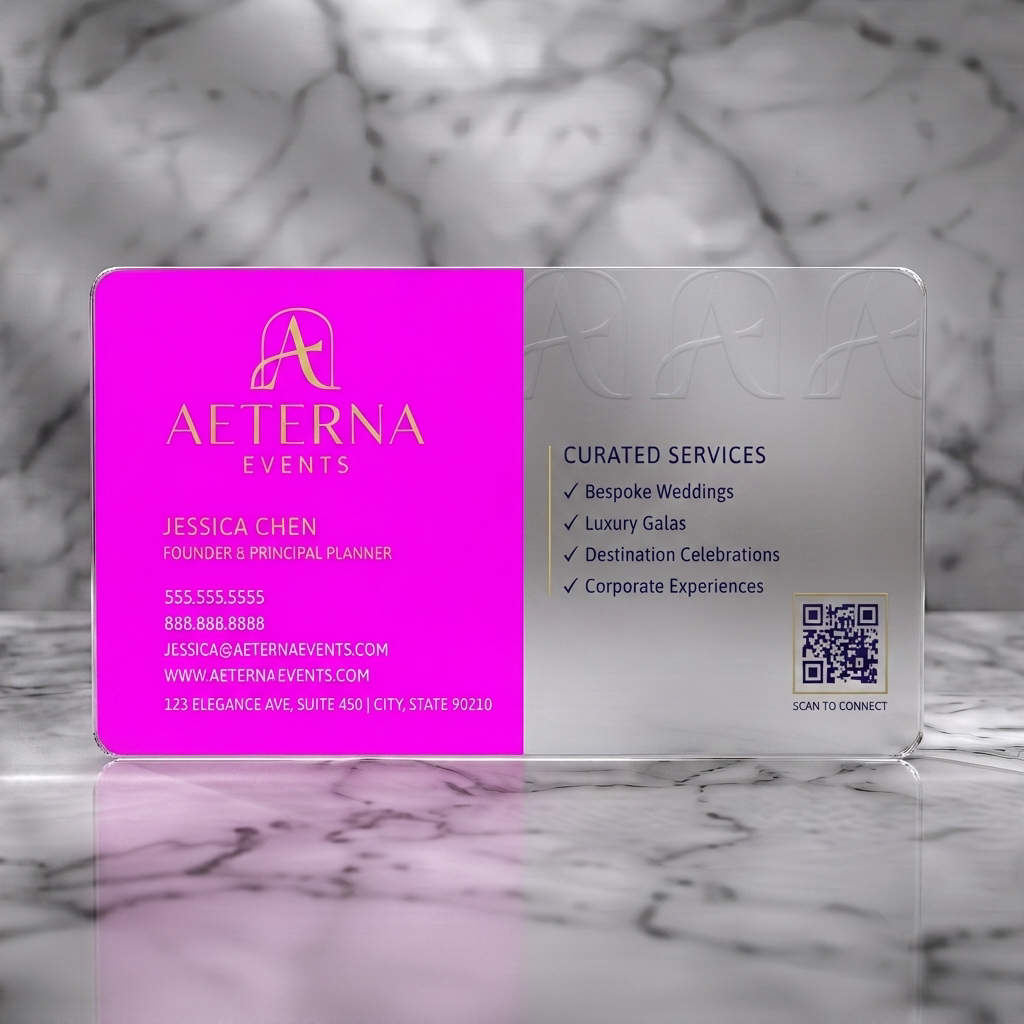 Frosted translucent plastic business card featuring an elegant navy and white layout with gold accents, mixed typography, stylized 'A' logo, and QR code