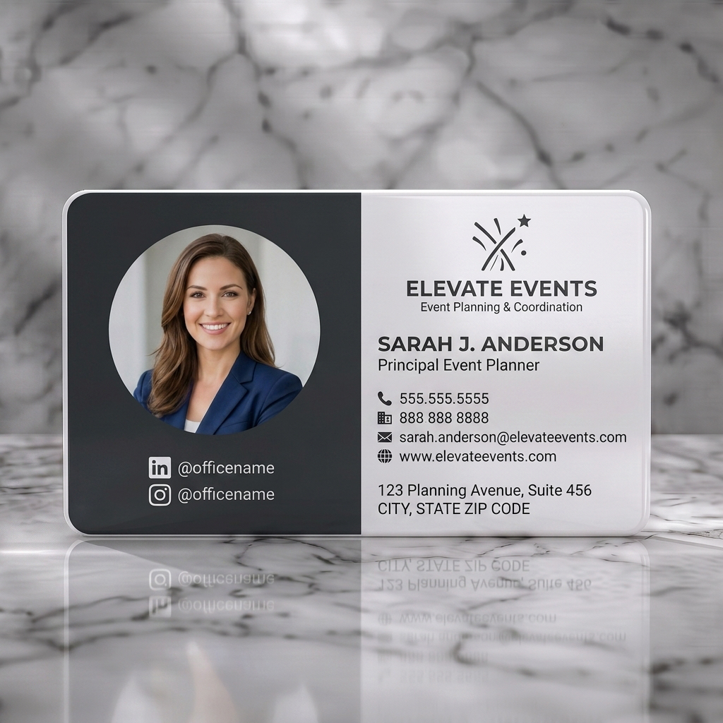 Solid white PVC business card featuring a modern, two-tone layout contrasting dark gray with a vibrant hue, crisp sans-serif fonts, and celebratory event icons