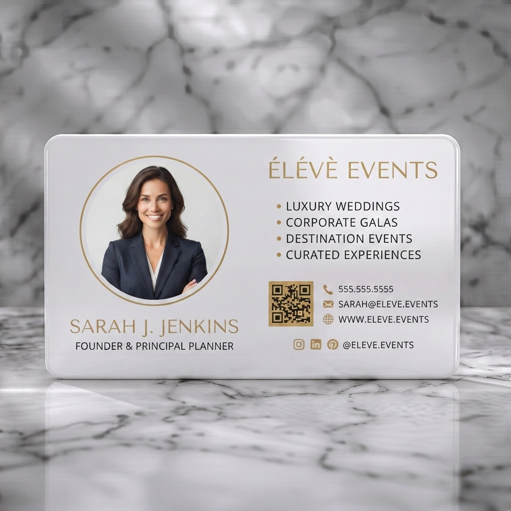 Solid white PVC business card featuring sophisticated dark card with gold accents, sans-serif fonts, contact icons, and a prominent headshot