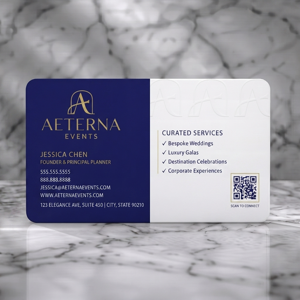 Solid white PVC business card featuring an elegant navy and white layout with gold accents, mixed typography, stylized 'A' logo, and QR code