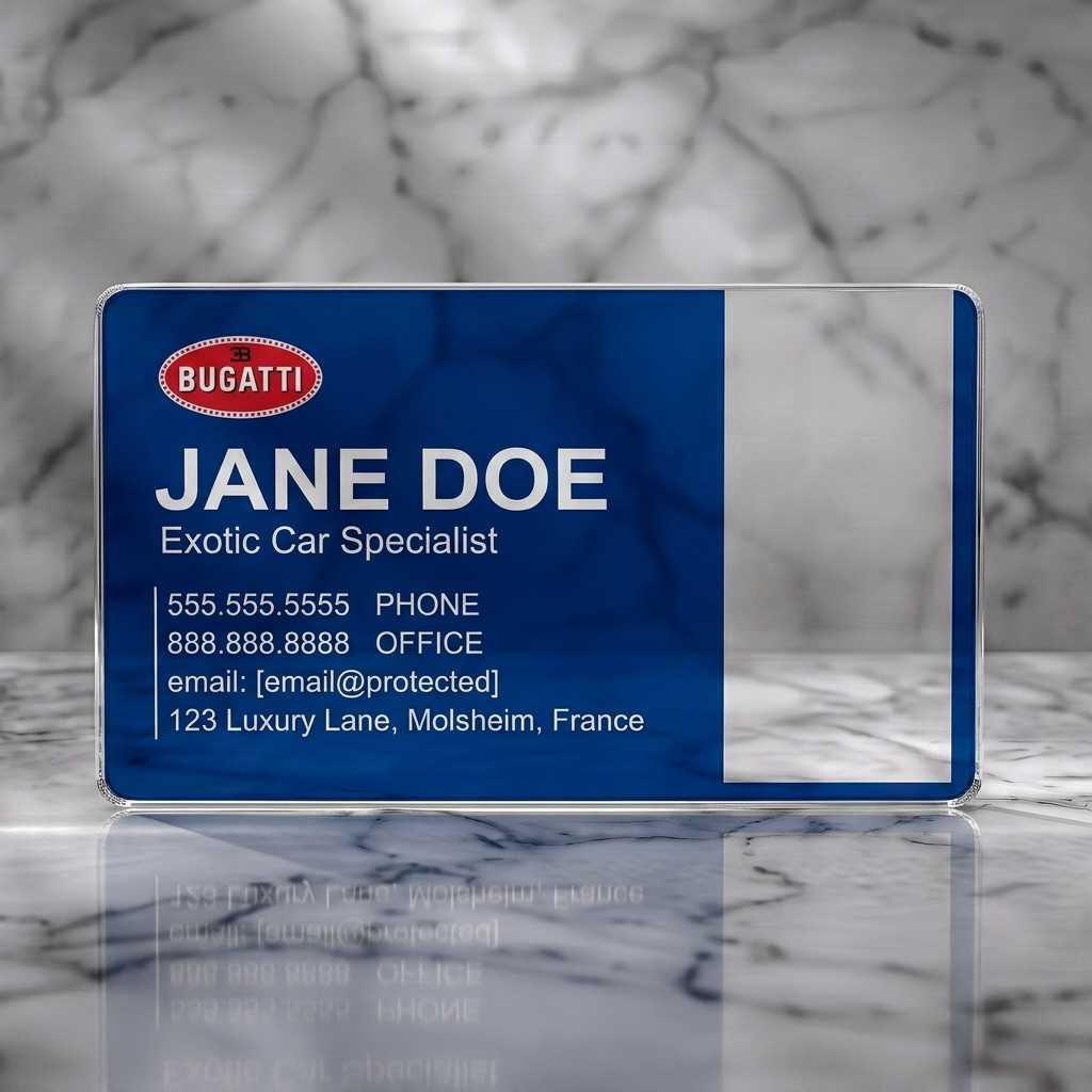 Clear plastic business card featuring bugatti logo, dark blue background, and clean white sans-serif text for luxury car sales