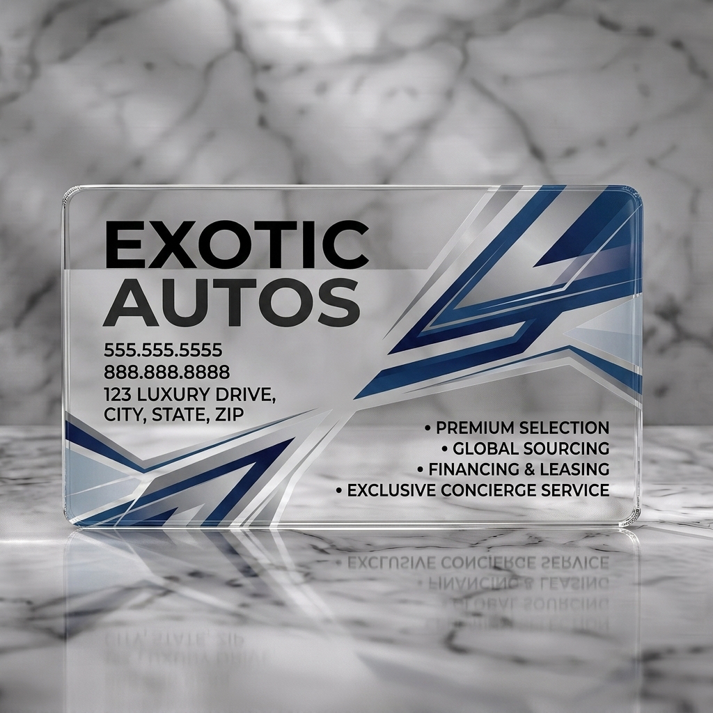 Clear plastic business card featuring dynamic blue-silver metallic graphics, bold black and grey sans-serif text, conveying speed and luxury