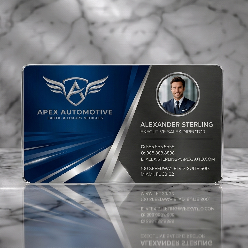 Clear plastic business card featuring dynamic blue and brushed metal design, silver winged logo, modern sans-serif fonts, and professional profile