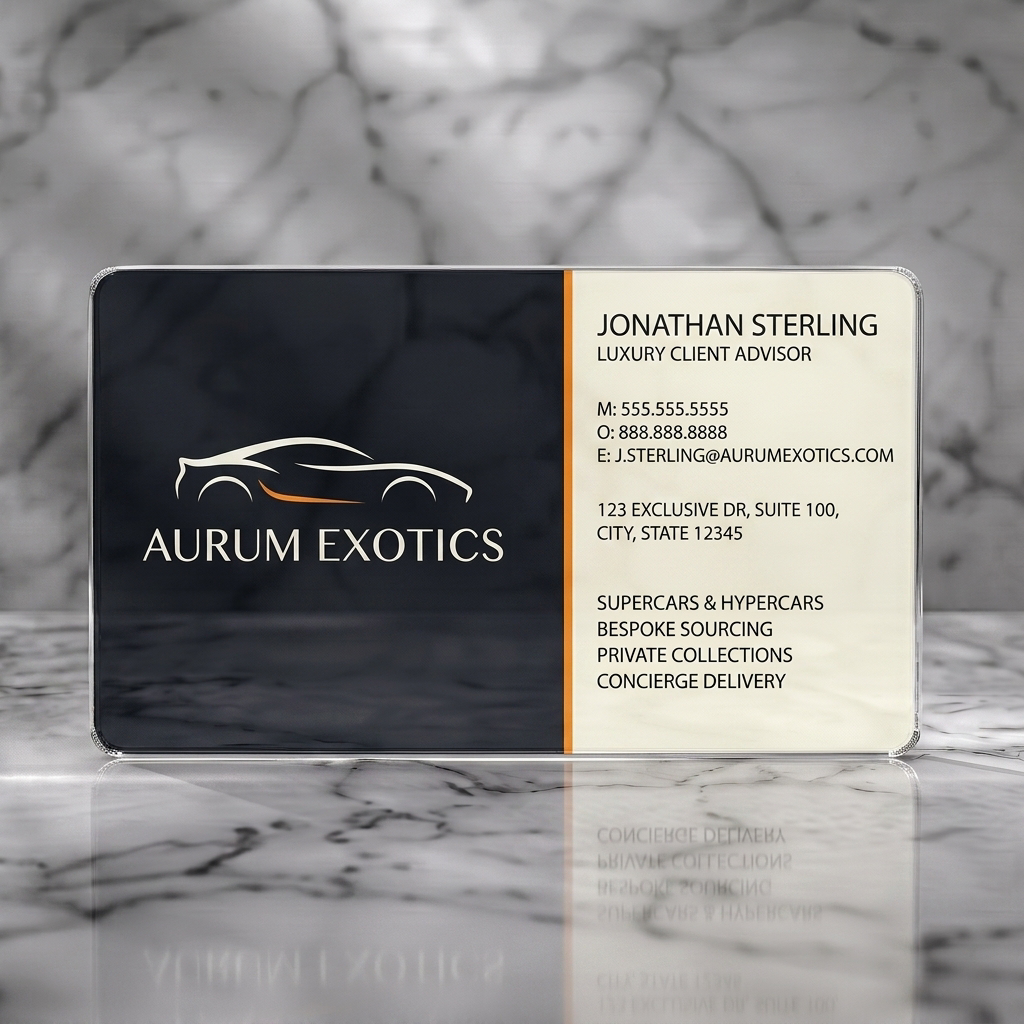 Clear plastic business card featuring sleek exotic car logo, charcoal and cream palette with orange accent, clean sans-serif typography