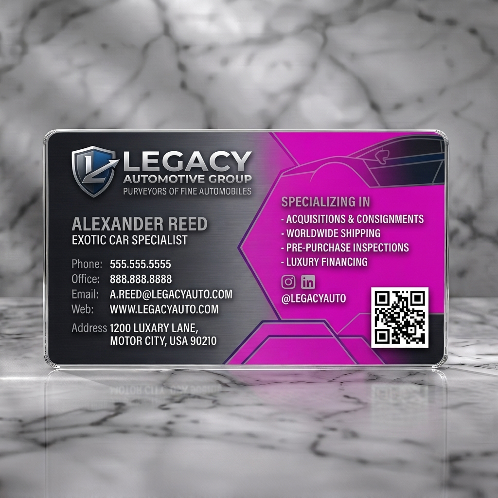 Clear plastic business card featuring sleek metallic finish, geometric car graphic, modern typography, and social media icons