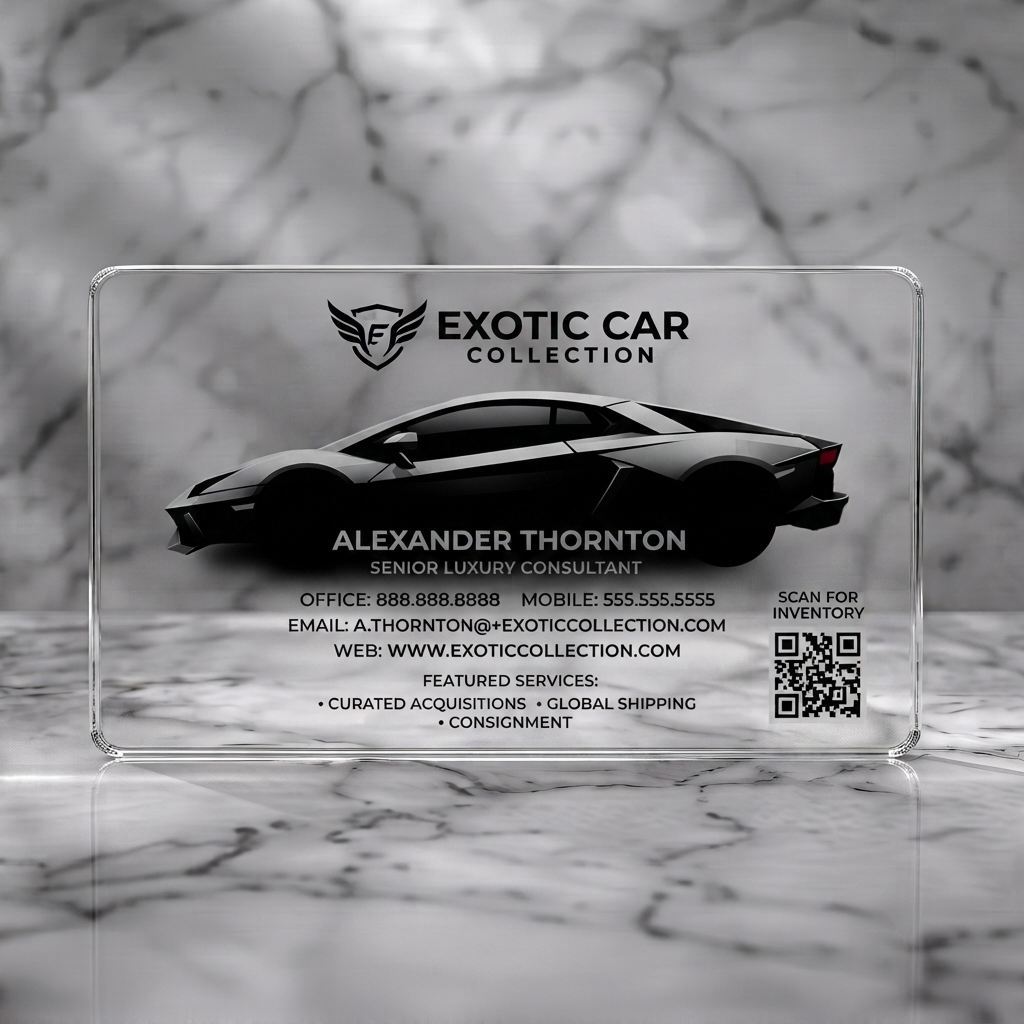 Clear plastic business card featuring modern black and silver design, dynamic exotic car illustration, winged logo, and clean sans-serif text