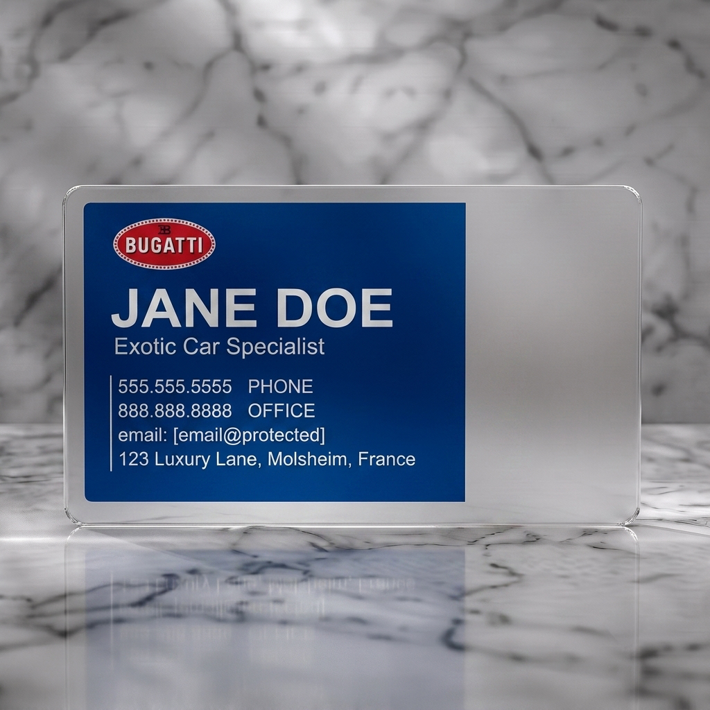 Frosted translucent plastic business card featuring bugatti logo, dark blue background, and clean white sans-serif text for luxury car sales