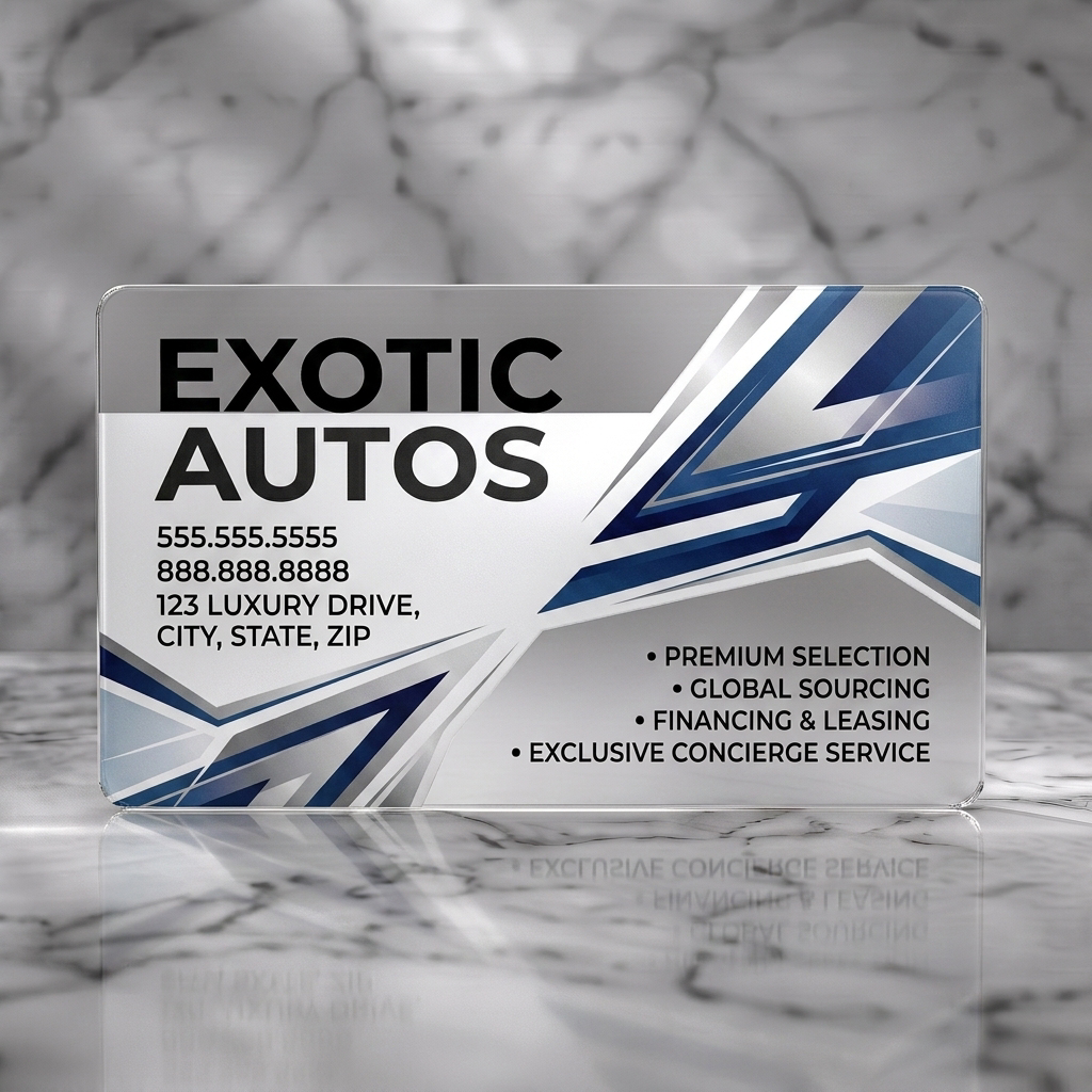 Frosted translucent plastic business card featuring dynamic blue-silver metallic graphics, bold black and grey sans-serif text, conveying speed and luxury