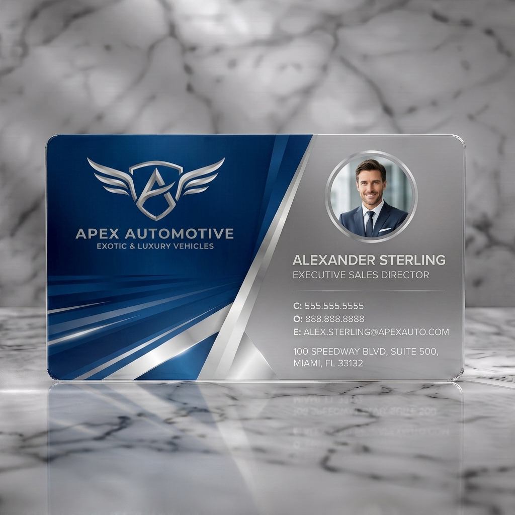 Frosted translucent plastic business card featuring dynamic blue and brushed metal design, silver winged logo, modern sans-serif fonts, and professional profile