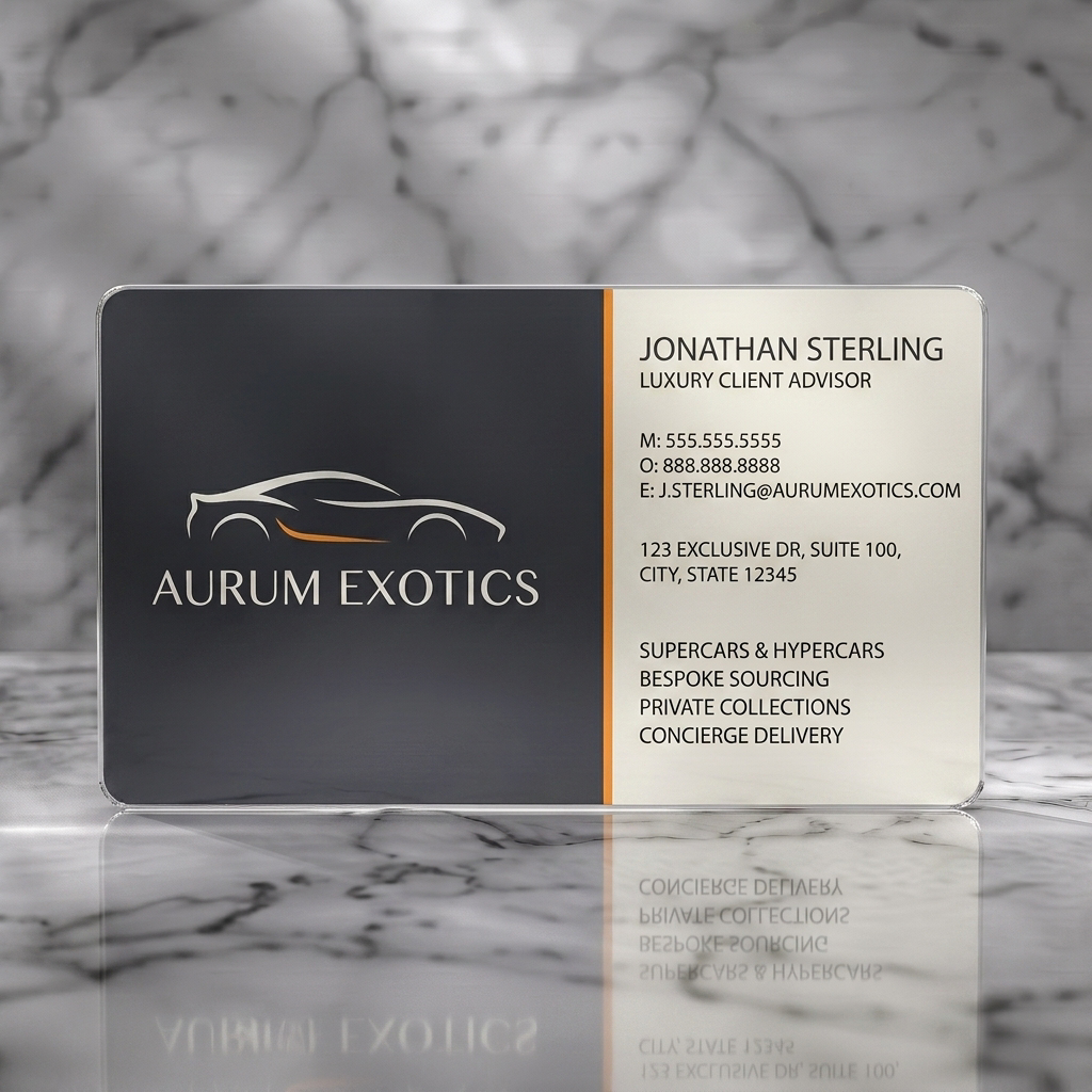 Frosted translucent plastic business card featuring sleek exotic car logo, charcoal and cream palette with orange accent, clean sans-serif typography