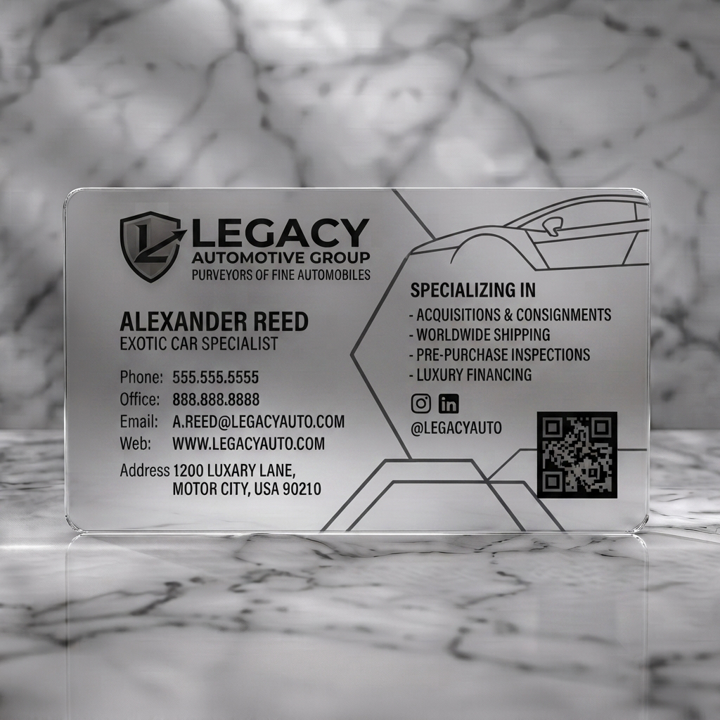Frosted translucent plastic business card featuring sleek metallic finish, geometric car graphic, modern typography, and social media icons