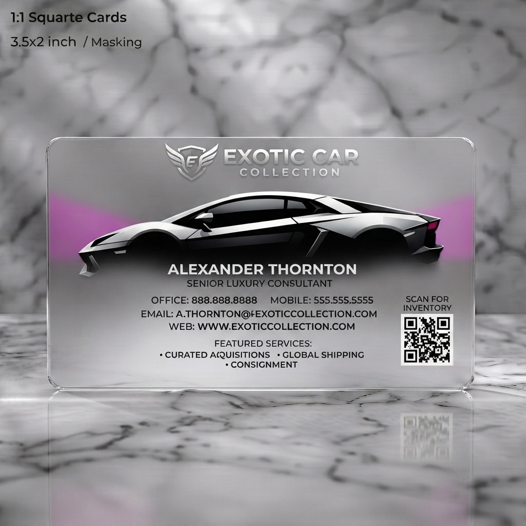 Frosted translucent plastic business card featuring modern black and silver design, dynamic exotic car illustration, winged logo, and clean sans-serif text