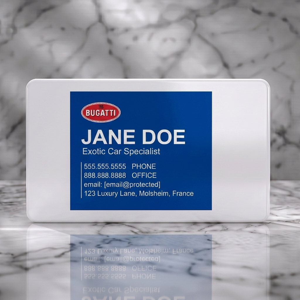 Solid white PVC business card featuring bugatti logo, dark blue background, and clean white sans-serif text for luxury car sales