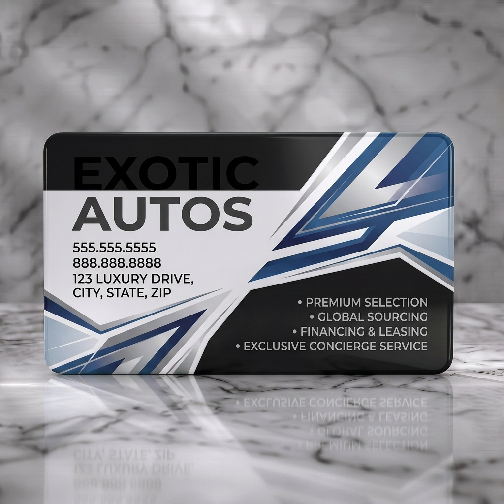 Solid white PVC business card featuring dynamic blue-silver metallic graphics, bold black and grey sans-serif text, conveying speed and luxury