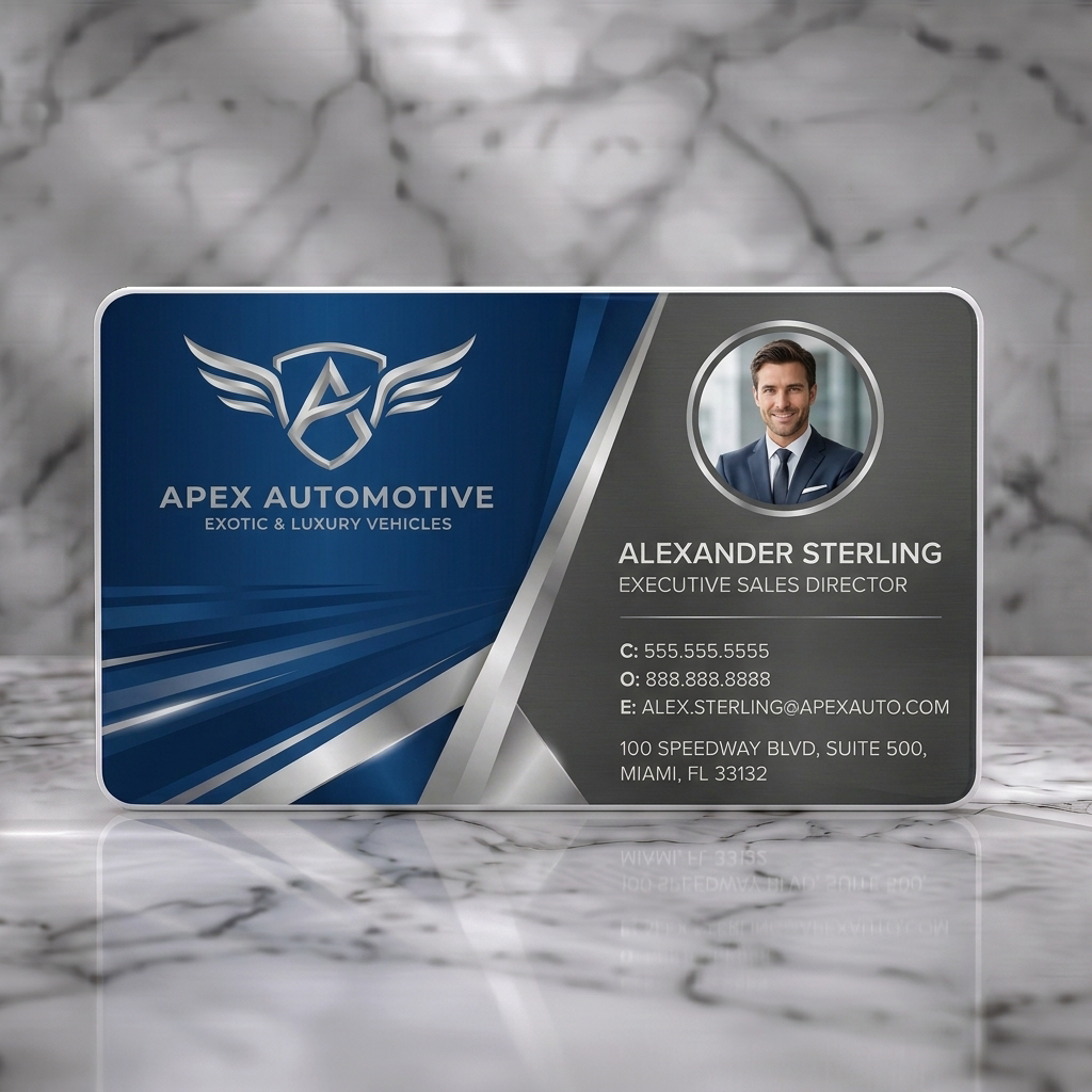 Solid white PVC business card featuring dynamic blue and brushed metal design, silver winged logo, modern sans-serif fonts, and professional profile