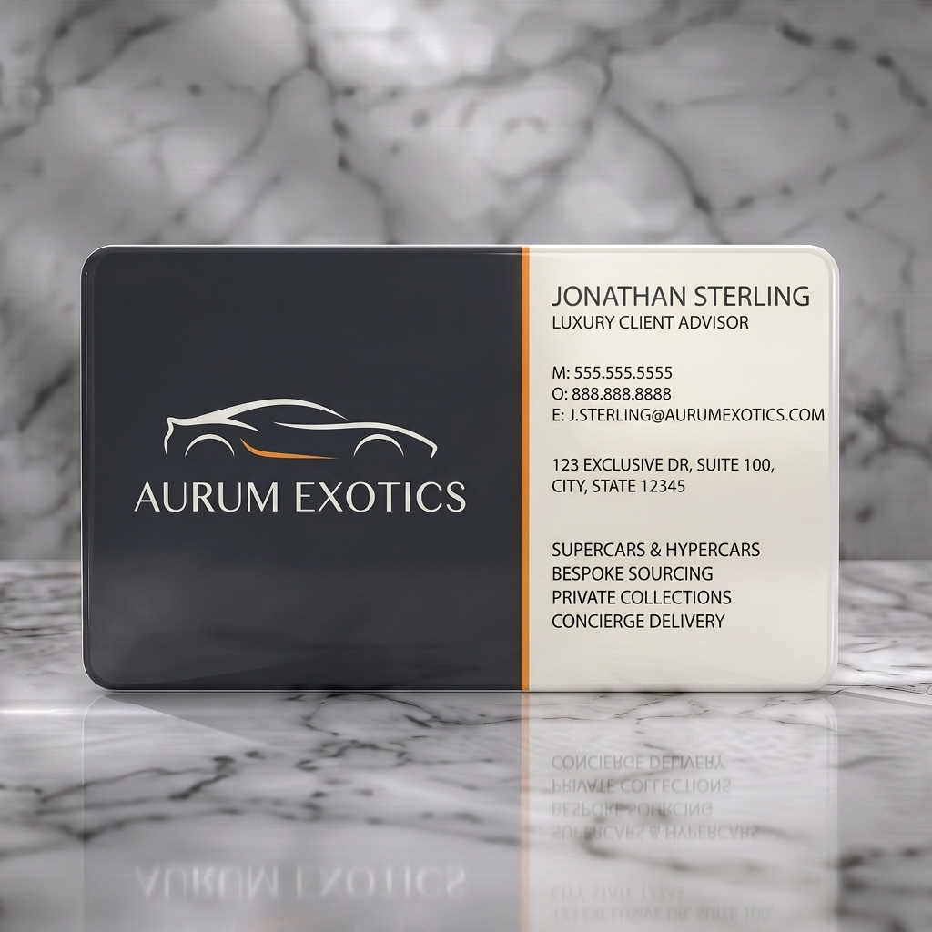 Solid white PVC business card featuring sleek exotic car logo, charcoal and cream palette with orange accent, clean sans-serif typography