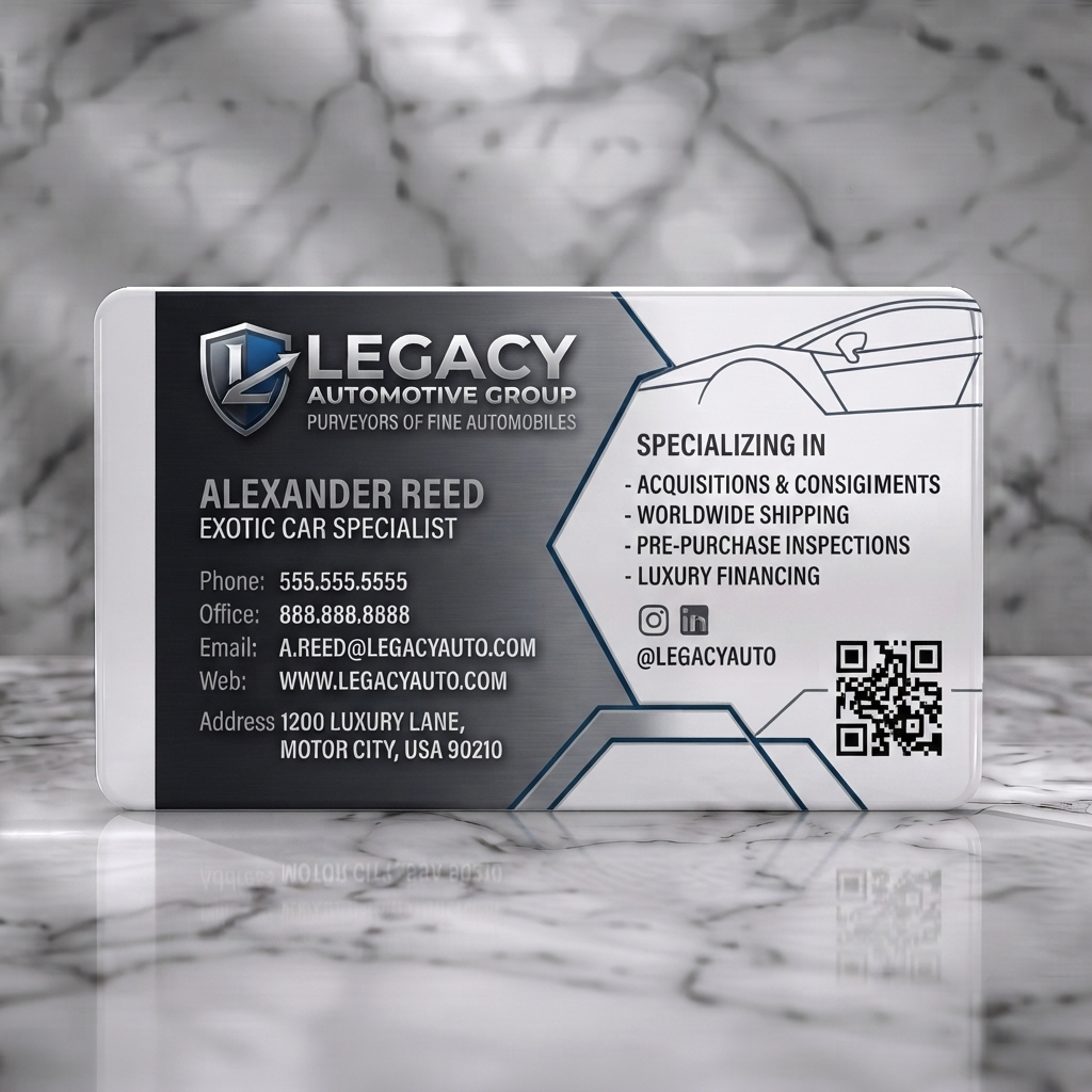 Solid white PVC business card featuring sleek metallic finish, geometric car graphic, modern typography, and social media icons