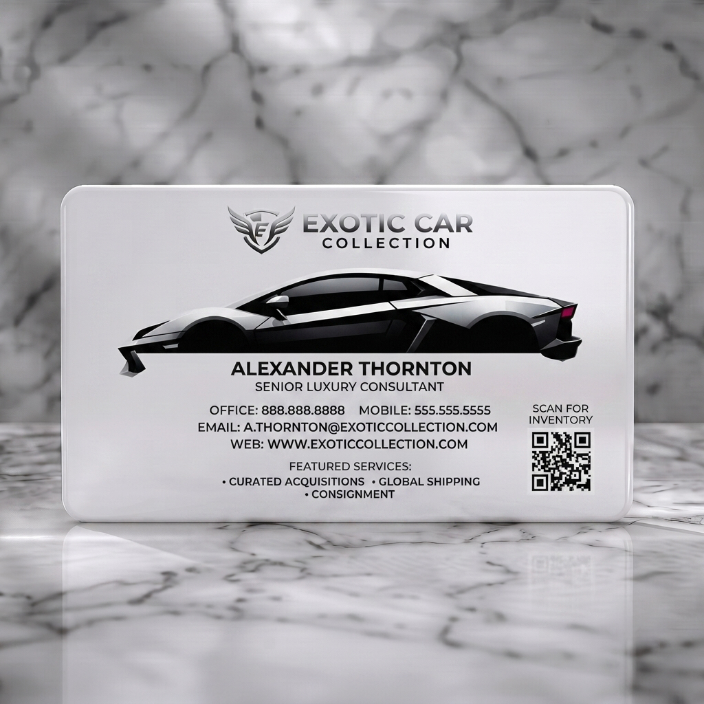 Solid white PVC business card featuring modern black and silver design, dynamic exotic car illustration, winged logo, and clean sans-serif text