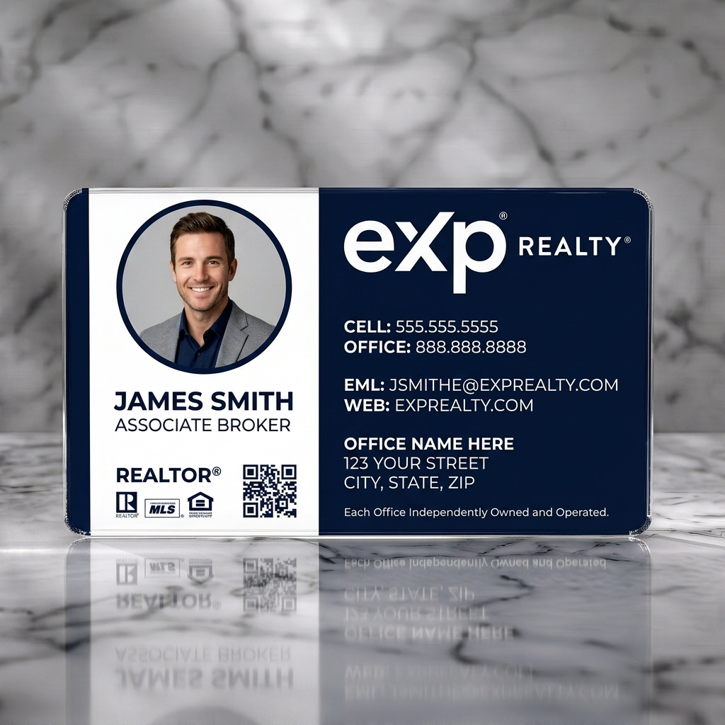 Clear plastic business card featuring modern two-tone navy and white design, sans-serif typography, agent photo, and realty icons