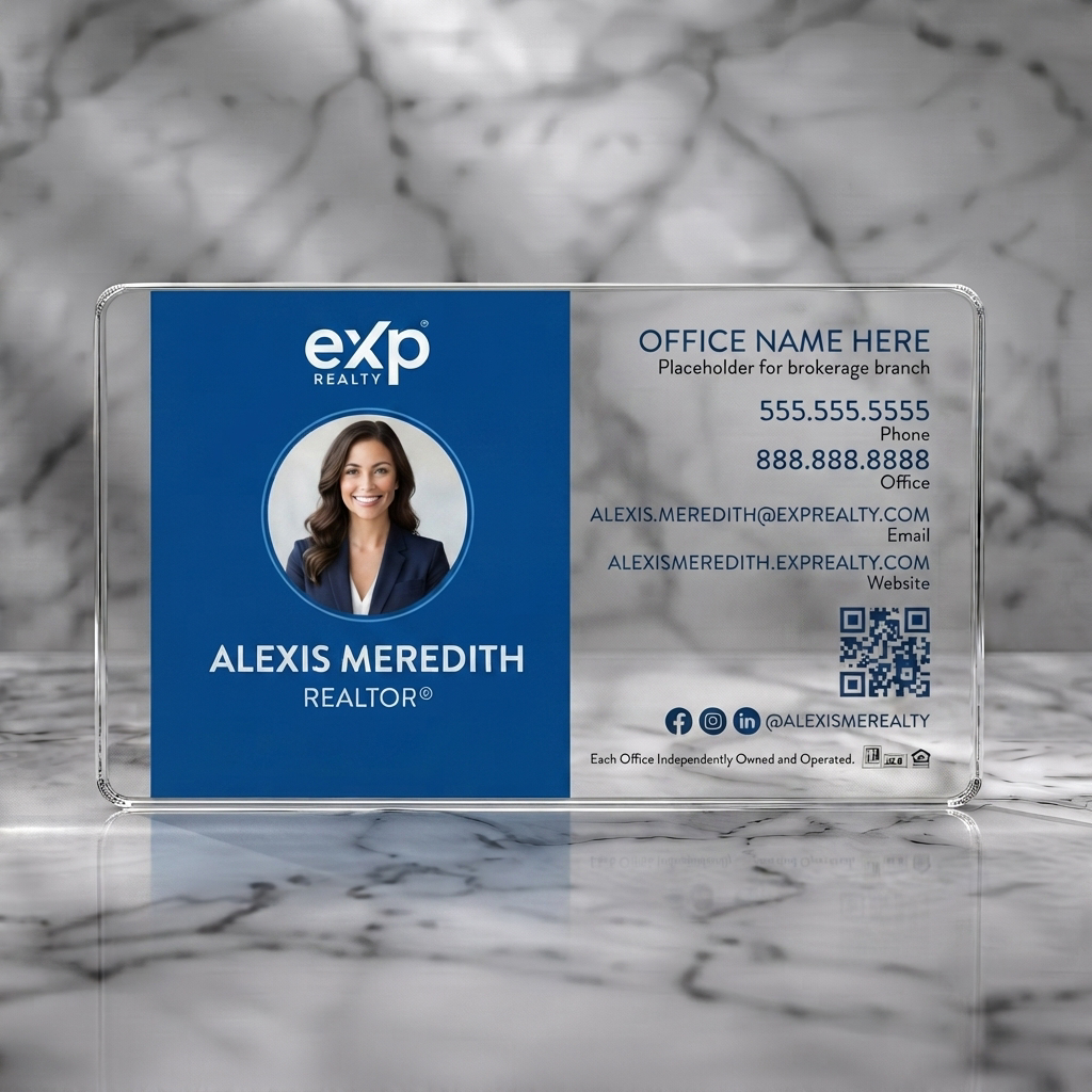 Clear plastic business card featuring a clean two-panel design featuring brand colors, a headshot, sans-serif text, and realty/social icons plus QR