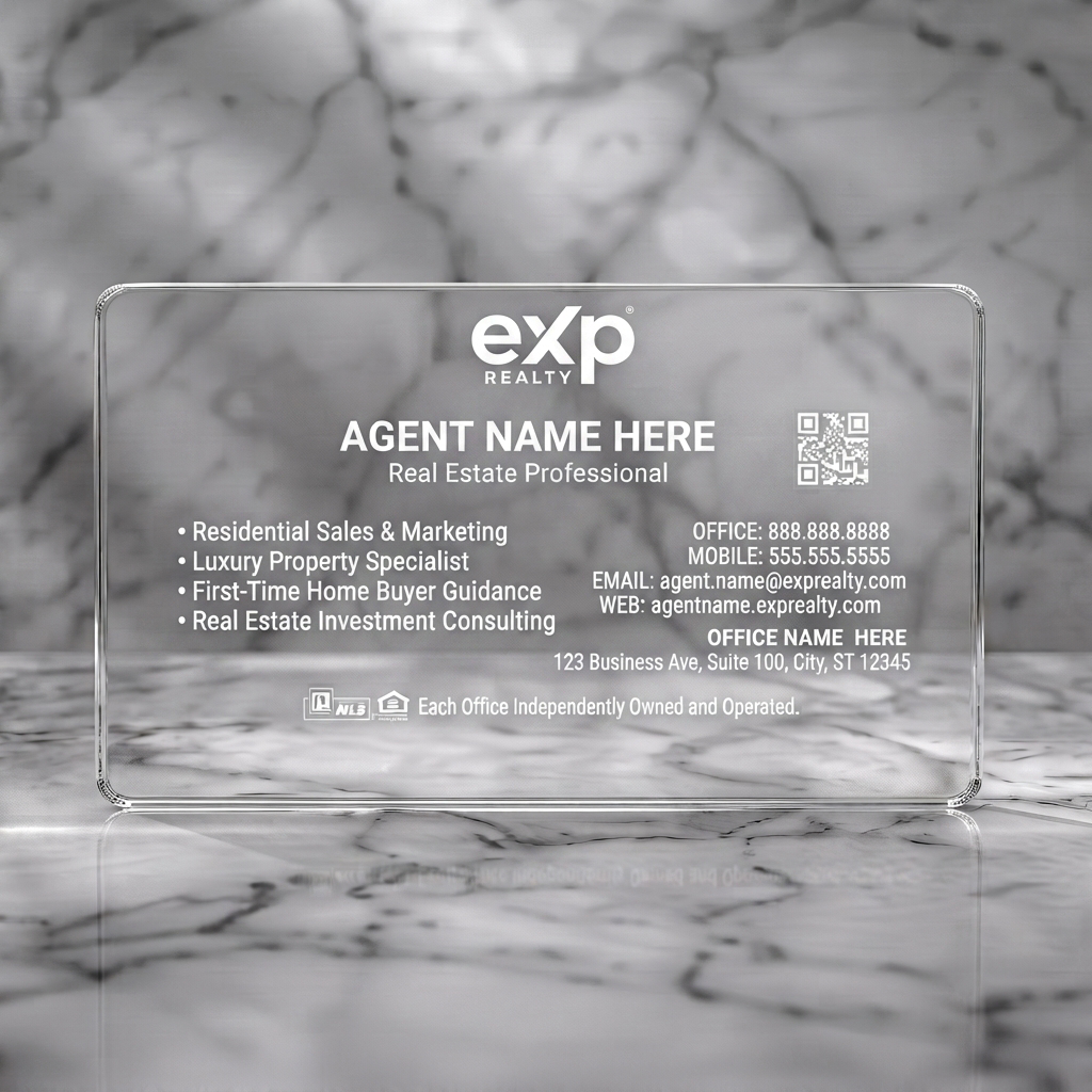 Clear plastic business card featuring a modern design with navy and orange, geometric patterns, clear sans-serif typography, and realty icons