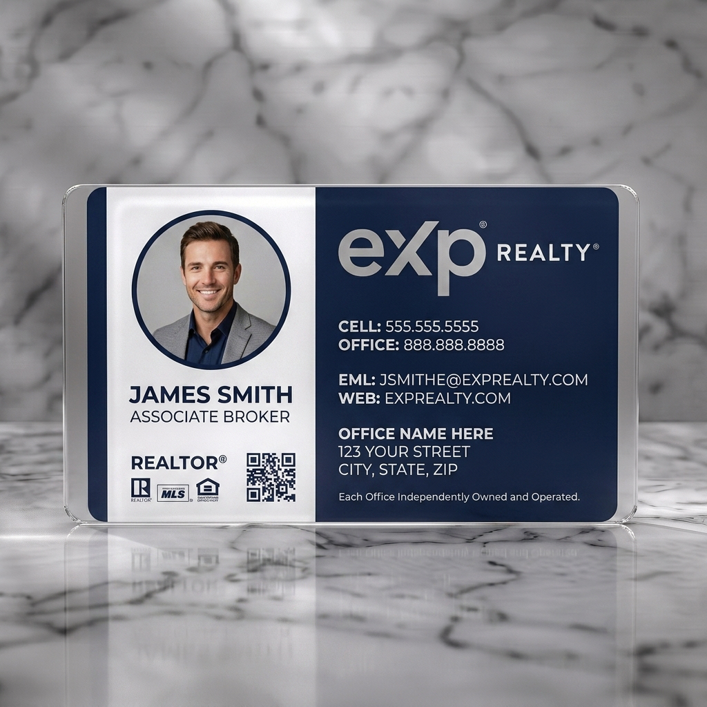 Frosted translucent plastic business card featuring modern two-tone navy and white design, sans-serif typography, agent photo, and realty icons