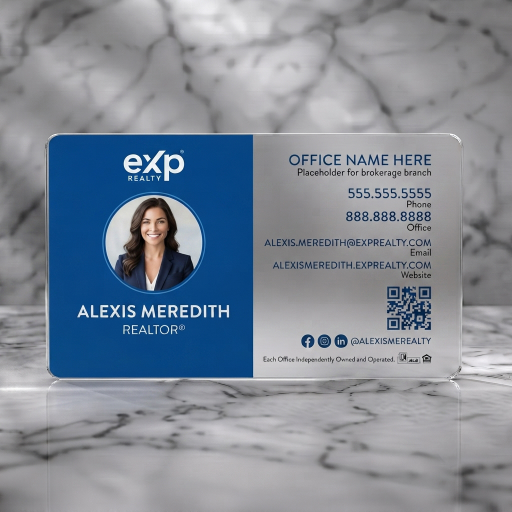 Frosted translucent plastic business card featuring a clean two-panel design featuring brand colors, a headshot, sans-serif text, and realty/social icons plus QR