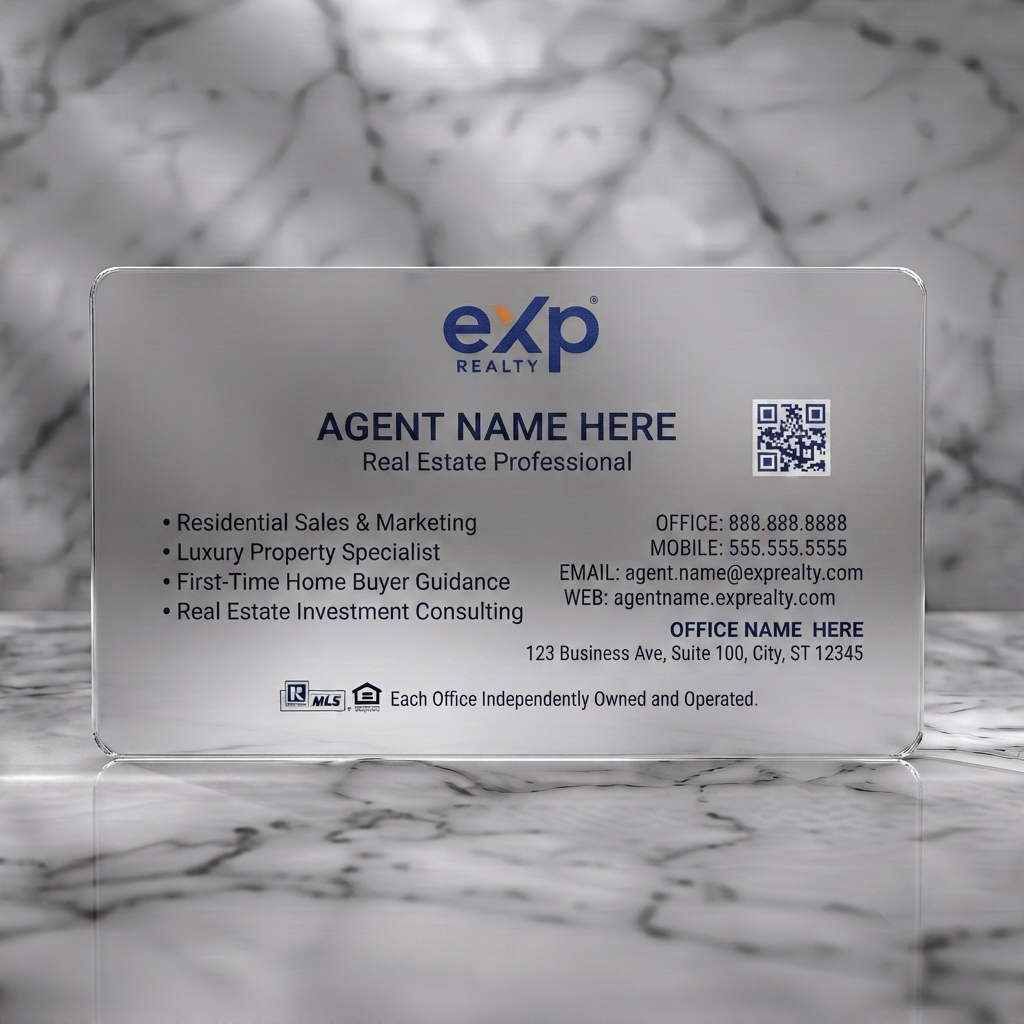 Frosted translucent plastic business card featuring a modern design with navy and orange, geometric patterns, clear sans-serif typography, and realty icons