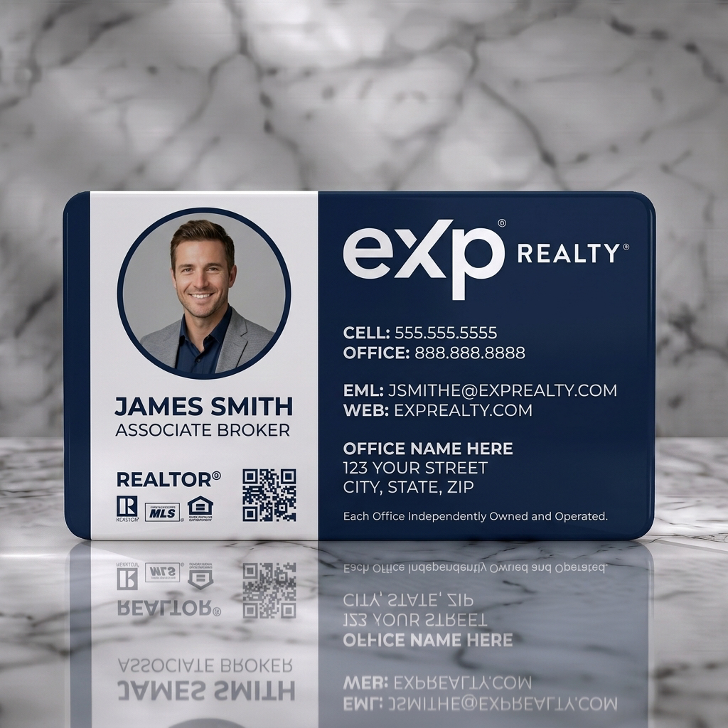 Solid white PVC business card featuring modern two-tone navy and white design, sans-serif typography, agent photo, and realty icons